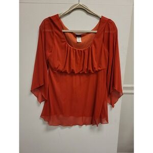 TOTO Blouse 1XL Orange Bell Sleeve Top Womens Sheer Tie Back‎ Detail 1X